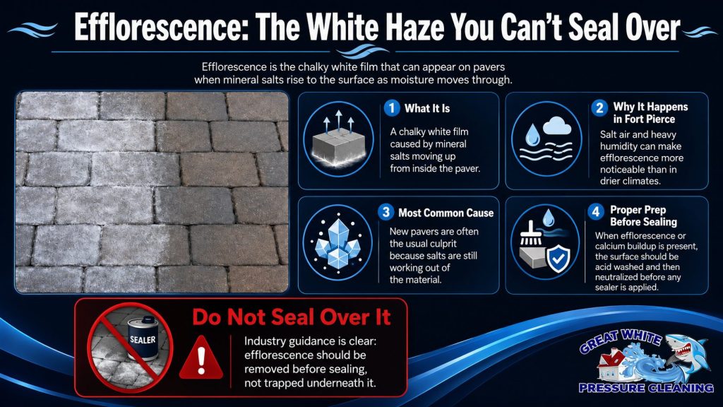 Infographic explaining how efflorescence creates a chalky white haze on pavers and why it must be removed before sealing in Fort Pierce, FL