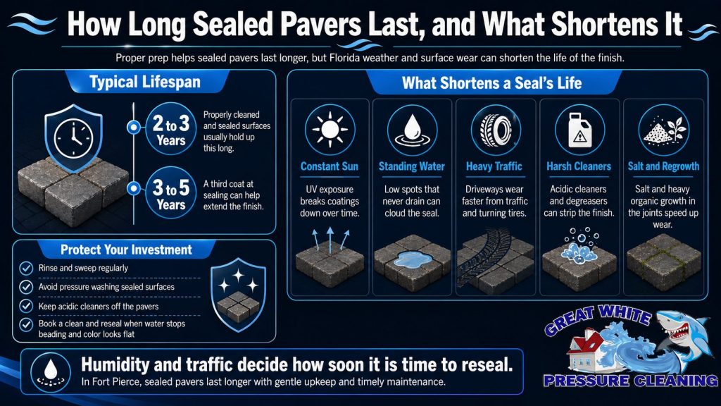 Infographic showing how long sealed pavers typically last, what shortens seal life in Florida, and how to protect sealed pavers with proper upkeep